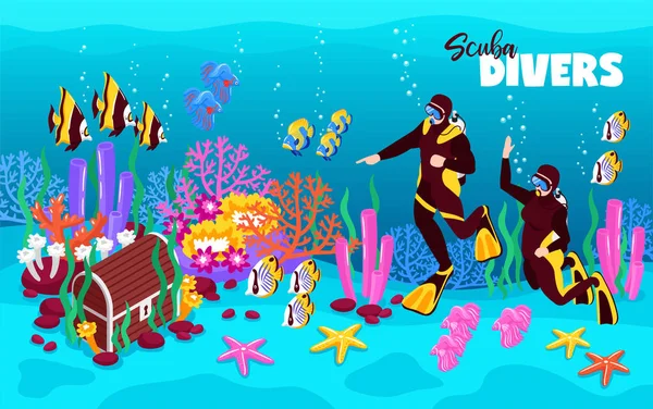 Buzos de buceo Banner isométrico — Archivo Imágenes Vectoriales