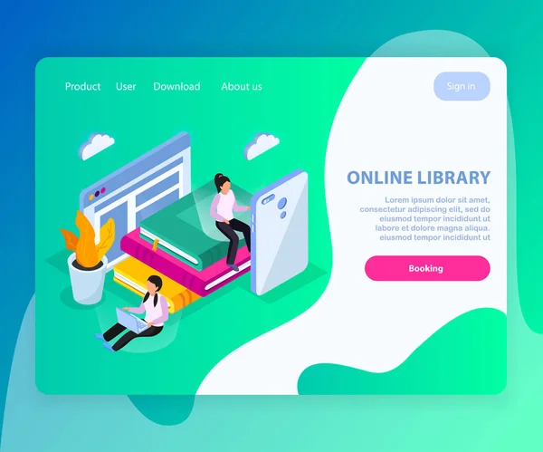 Isometric Library Landing Page — Stock Vector