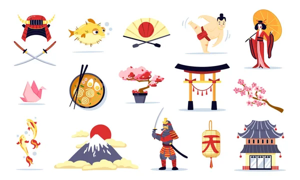 Giappone Simboli Cartoon Set — Vettoriale Stock