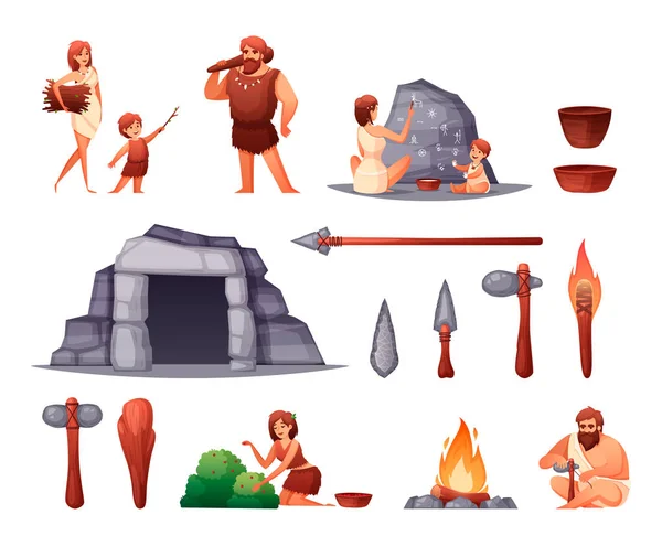 先史時代の洞窟人セット — ストックベクタ