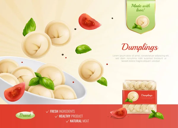 Dumplings ravioli reklam komposition — Stock vektor