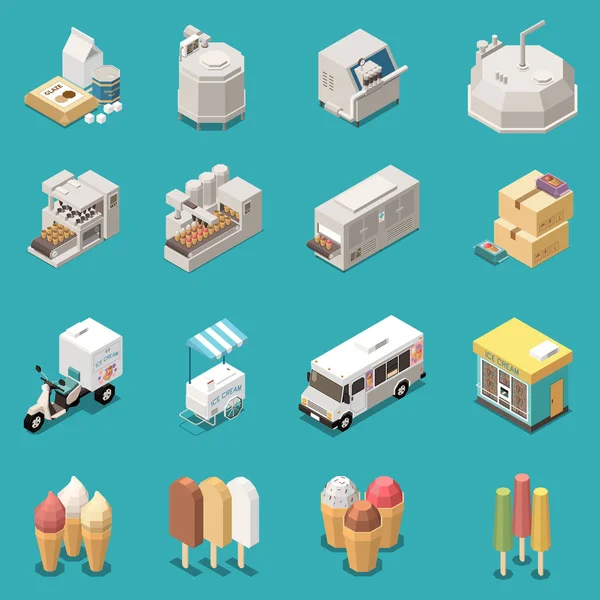 Ice Cream Production Isometric Set — Stock Vector