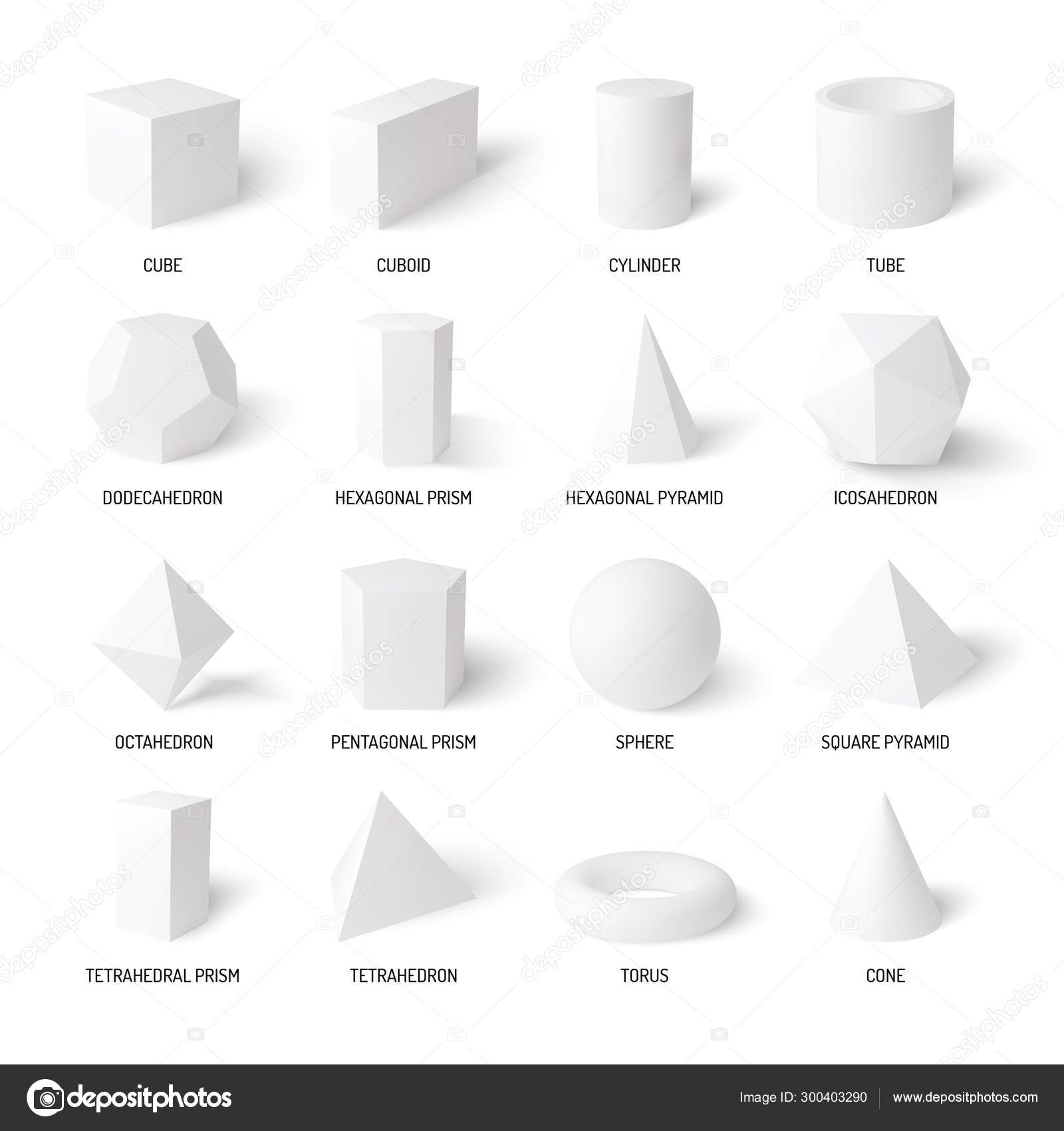 Geometric 3d shapes. Realistic white basic geometry form sphere and  pyramid, hexagonal and prism, tetrahedron and cone objects vector set Stock  Vector