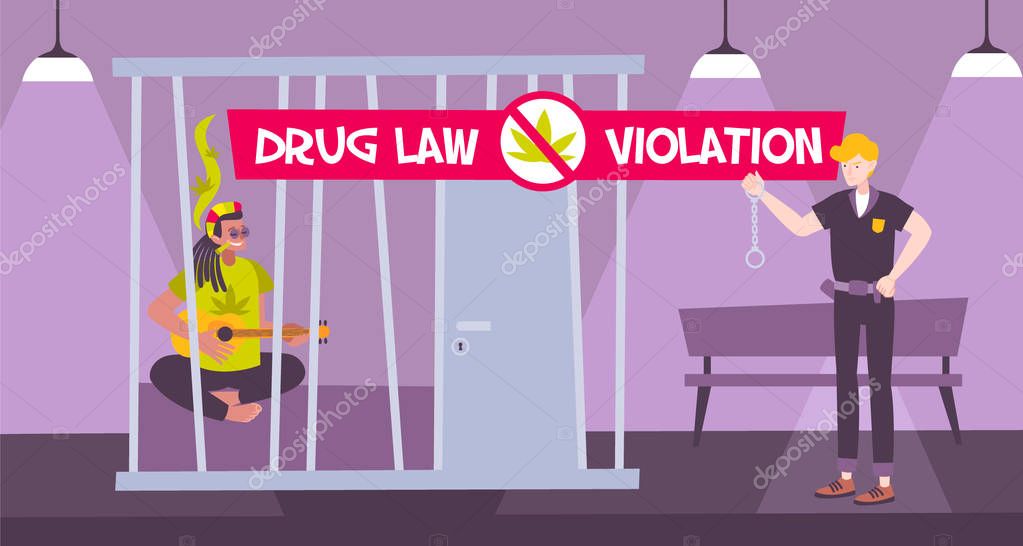 Criminal penalty cannabis composition with drug law violation description and junkie in jail vector illustration
