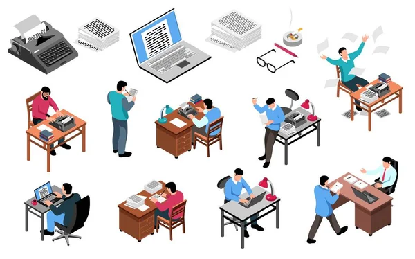 Écrivain Isometric Icônes Set — Image vectorielle