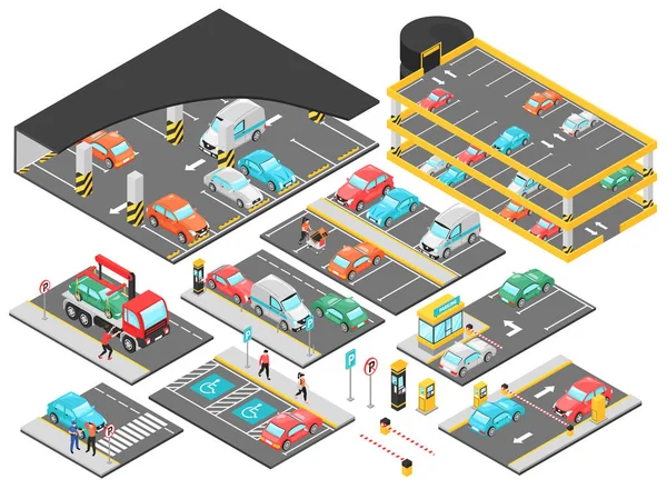 Multilivello Parcheggio Isometrico Set — Vettoriale Stock