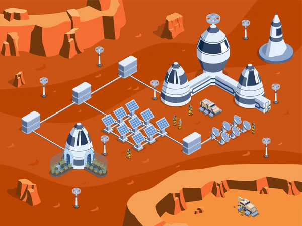 Izometrická kolonizace Marsu – ilustrace — Stockový vektor