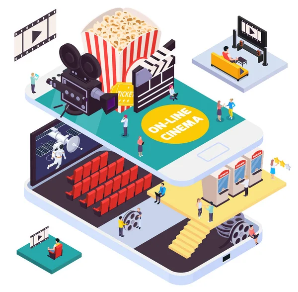 Online Cinema Isometric Composition — Stock Vector