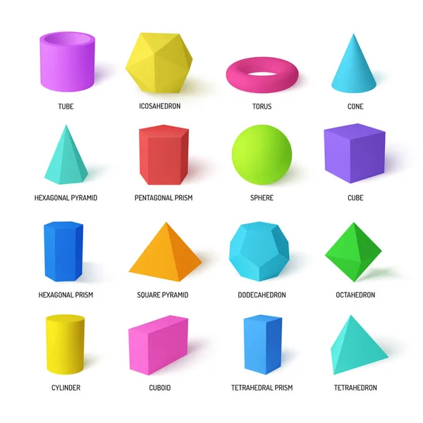 Podstawowe kształty stereometryczne realistyczne zestawy kolorów — Wektor stockowy