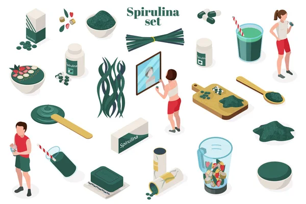 Set de productos de espirulina isométrica — Vector de stock