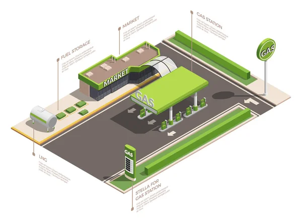 Isometrische Infografik der Tankstelle — Stockvektor