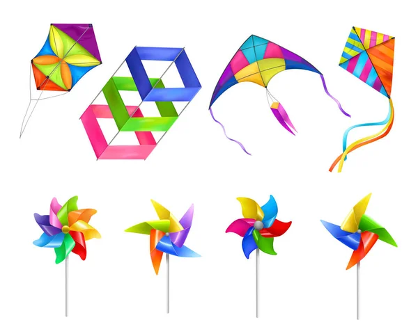 Realistic Kite Wind Mill Toy Icon Set — Stock Vector