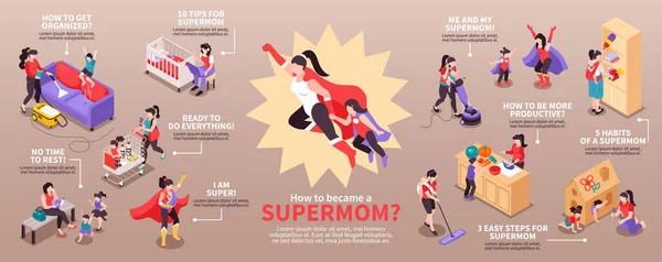 Super Mom Isometric Infographics — Stock Vector