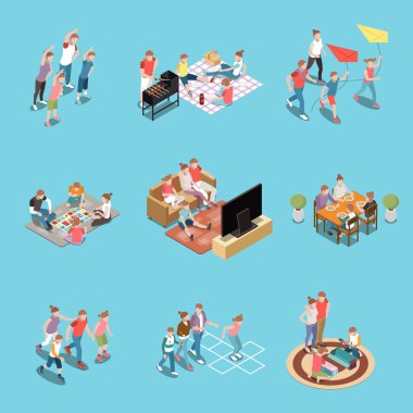 Aile Boş Aktiviteleri Isometric People Simgesi Seti Oynuyor
