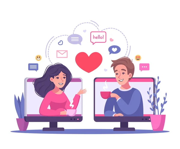 Computer Dating Cartoon Sammansättning — Stock vektor