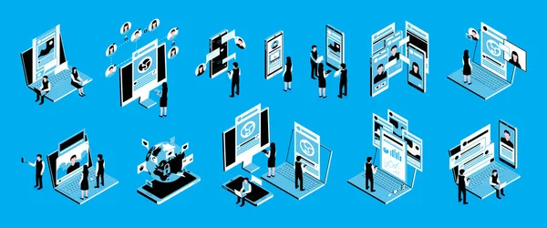 Isométrica luz azul conjunto de ícones de mídia social —  Vetores de Stock