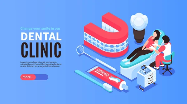 Banner horizontal de dentista isométrico — Vector de stock