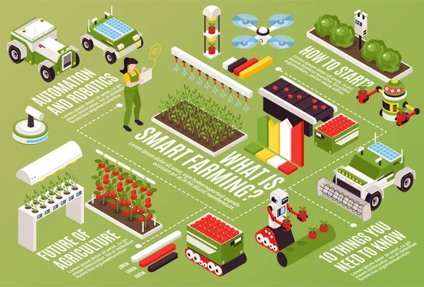 Isometrische stroomschema voor slimme landbouwbedrijven — Stockvector