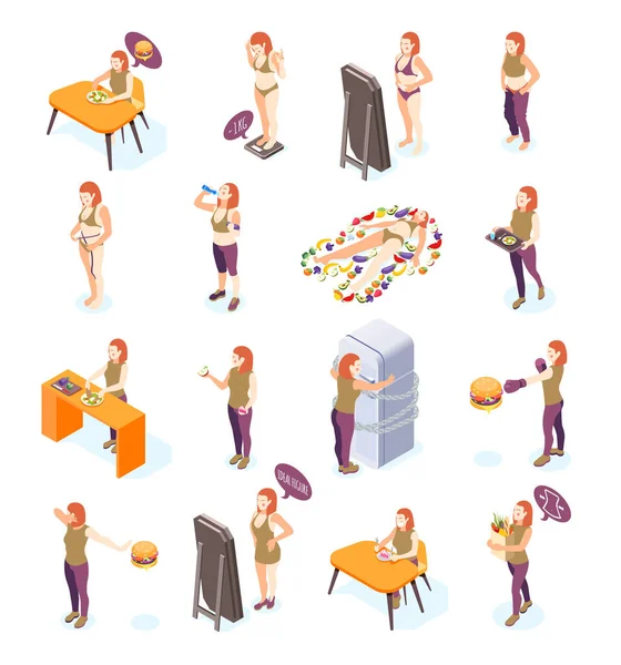 Diet Woman Isometric Icons — Stock Vector