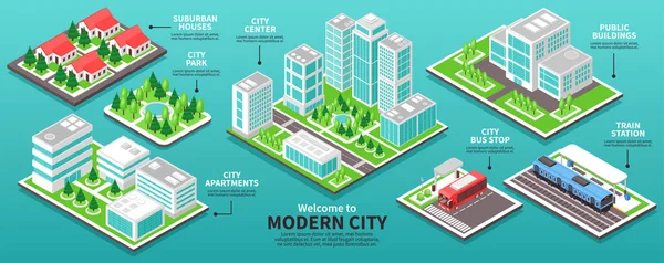 Isometric โมเดิร์นซิตี้ Infographics — ภาพเวกเตอร์สต็อก