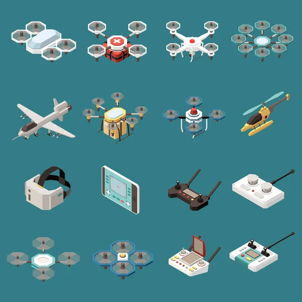 Drones Quadrocopters Isometrische set — Stockvector