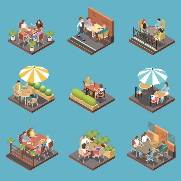 Calle Café Terraza Icono Isométrico Set — Vector de stock