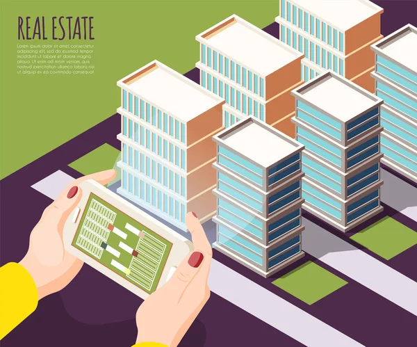 Imóveis Isométricos Realidade Aumentada Fundo —  Vetores de Stock