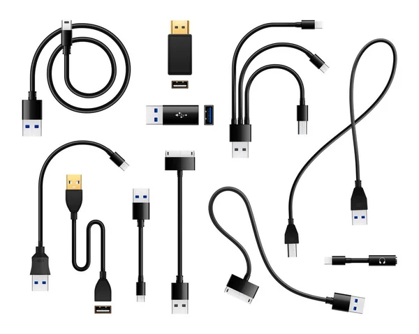 Conjunto de cables USB negros — Vector de stock