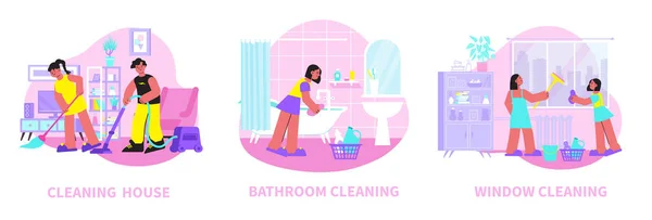Spring Cleaning Flat Compositions — Stock Vector