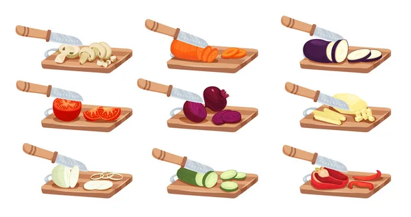 Verduras en rodajas y juego de cuchillos — Vector de stock