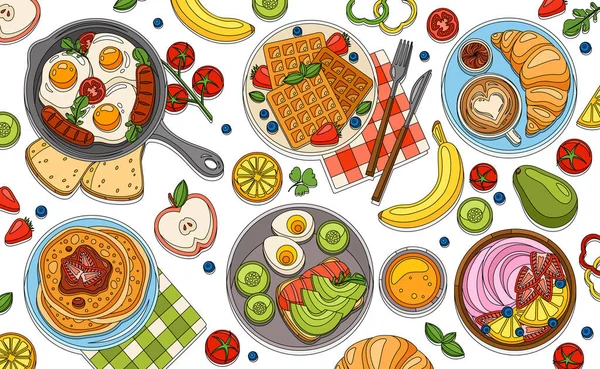 Platos de desayuno para colorear conjunto — Archivo Imágenes Vectoriales