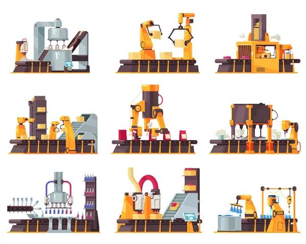 Set di icone con nastro trasportatore per imballaggio robotico automatizzato — Vettoriale Stock