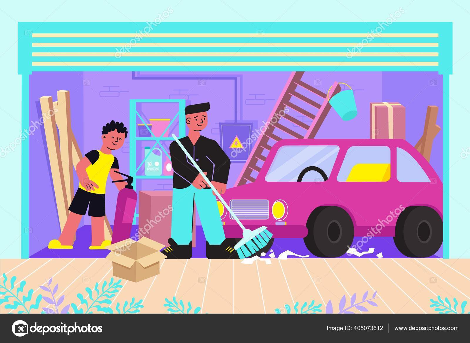 Cleaning Garage Flat Composition Stock Vector Image by ©macrovector