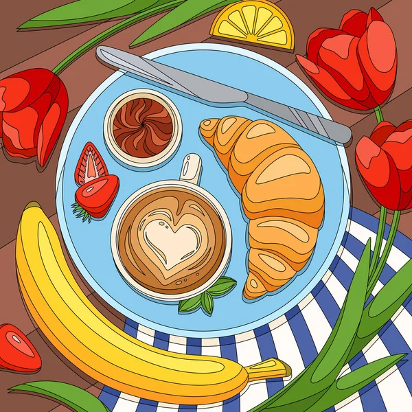 Coffee Croissant Breakfast Composition — Stock Vector