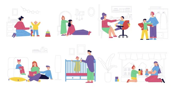 Babysitter Situaties Flat Set — Stockvector