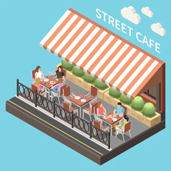 Colored Isometric Street Cafe Terrace Composition — Stock Vector