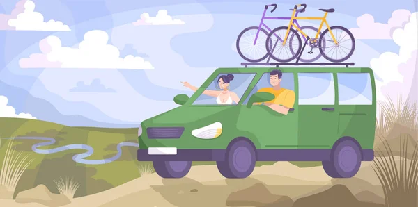 Bike Tourism αυτοκίνητο επίπεδη σύνθεση — Διανυσματικό Αρχείο