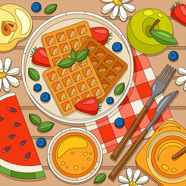 Fruit Waffles Composição do café da manhã — Vetor de Stock