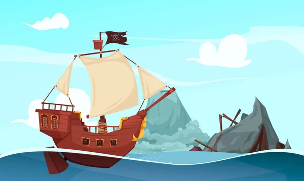 セーリング海賊船組成物 — ストックベクタ