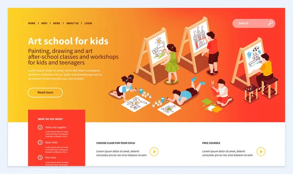 Escuela de arte infantil Sitio web — Vector de stock