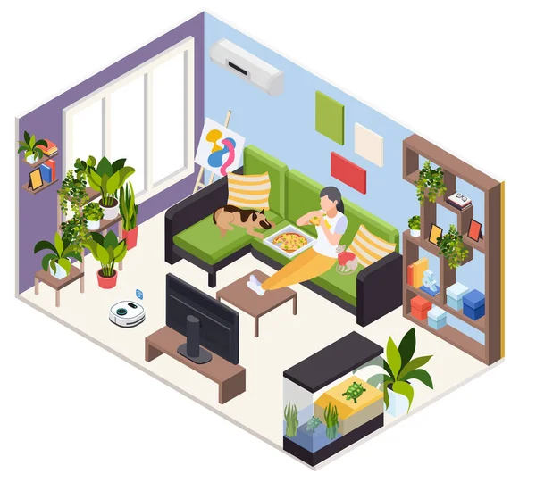 Staying Home Isometric Interior — Stock Vector