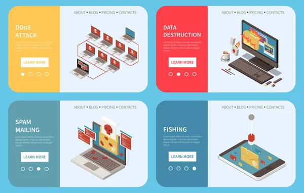 Hacker Pesca digitale Crimine Set di banner isometrici — Vettoriale Stock