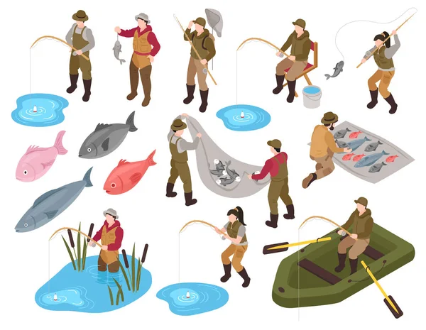 Fisherman Isometric Icon Set — Stockvektor