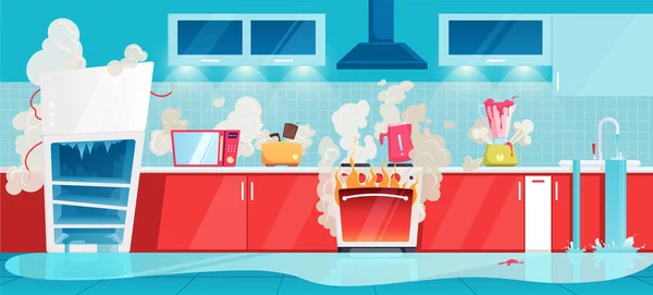 Zepsute urządzenia gospodarstwa domowego Skład wnętrza kuchni — Wektor stockowy