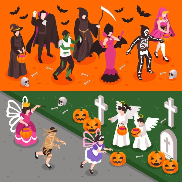 Festa de Halloween Isométricos Banners — Vetor de Stock