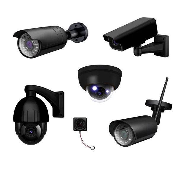 ブラックビデオ監視セキュリティカメラ現実的なアイコンセット — ストックベクタ