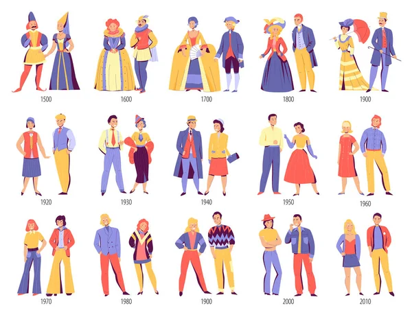 Historia de la moda conjunto de parejas — Archivo Imágenes Vectoriales