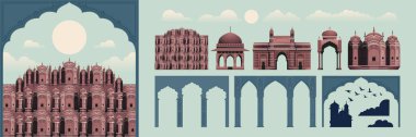 Tarihi Hint Binalarının Düz Tasarım İllüstrasyonları