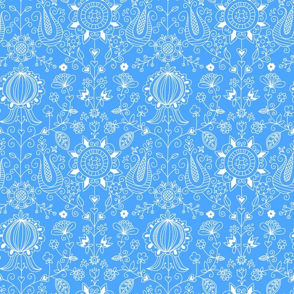 Azul y blanco floral popular patrón sin costuras — Vector de stock