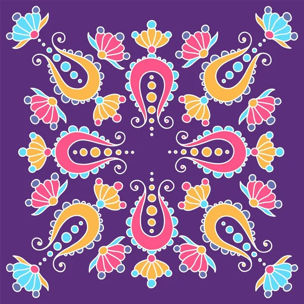 Mandala disegnato a mano con paisley su viola — Vettoriale Stock